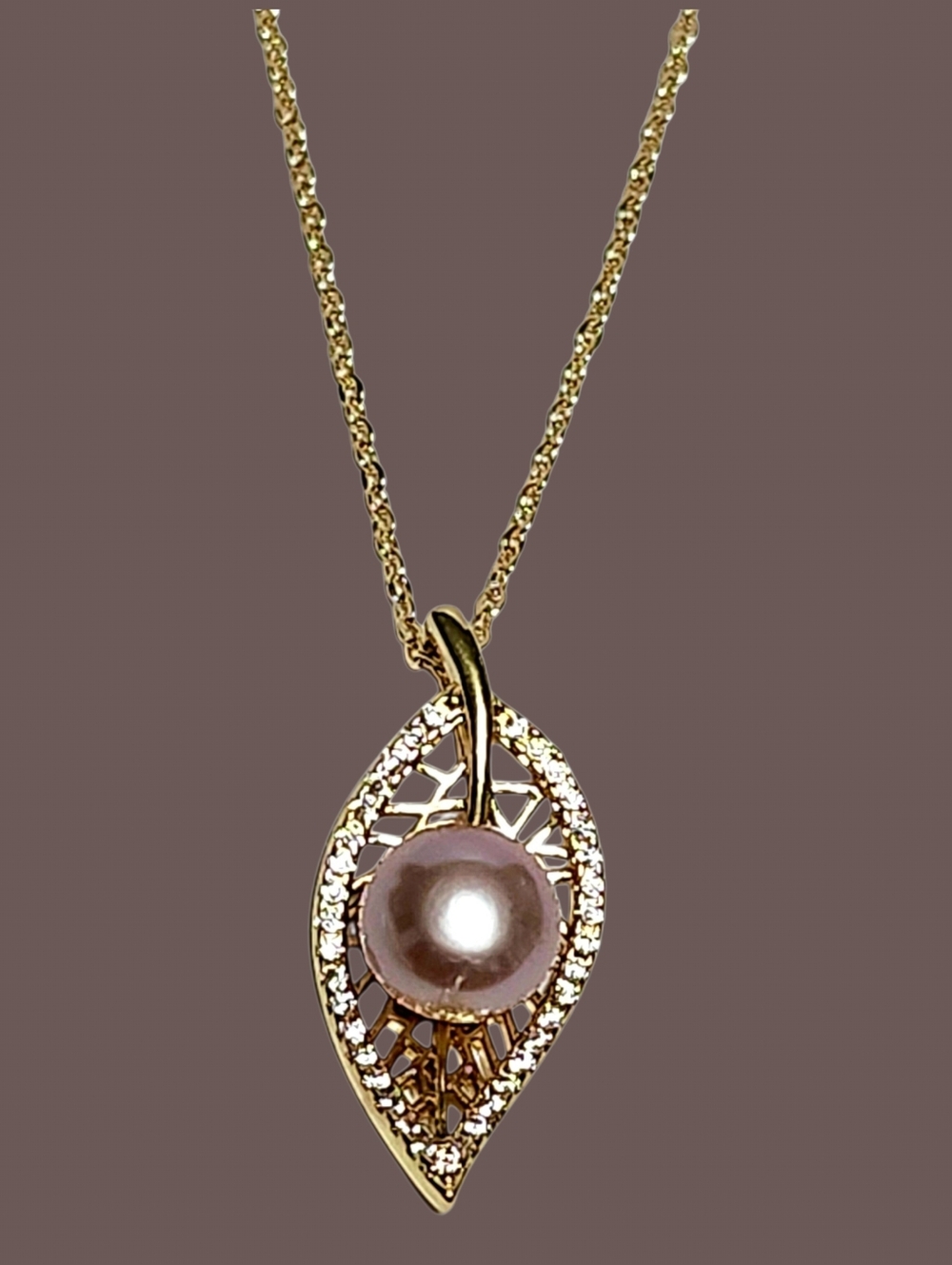 Peach Pearl Leaf Pendant Gold Over Sterling Silver Women's Necklace